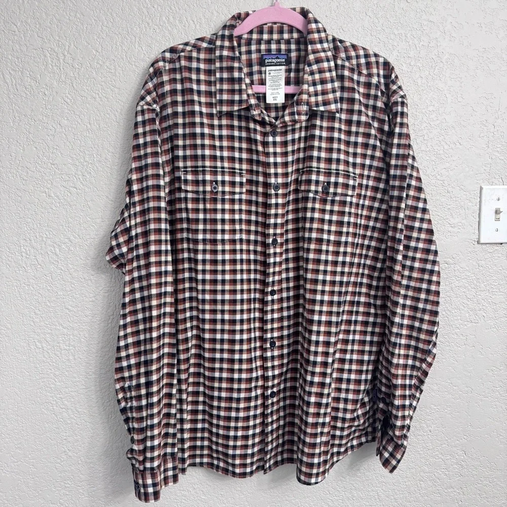 Patagonia Organic Cotton Plaid Button Up Shirt Men’s XXL Brown Blue Flannel